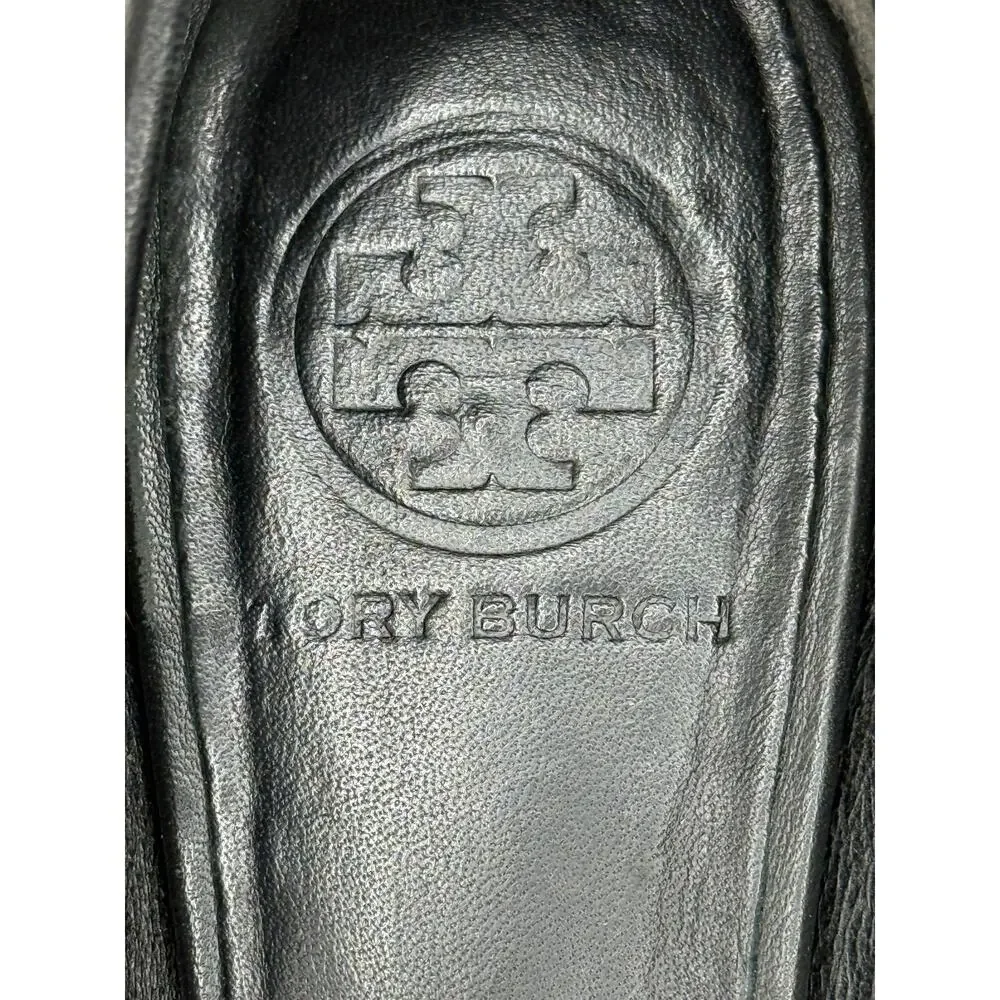Tory Burch Reva black leather flats gold-toned logo plaque Sz 7